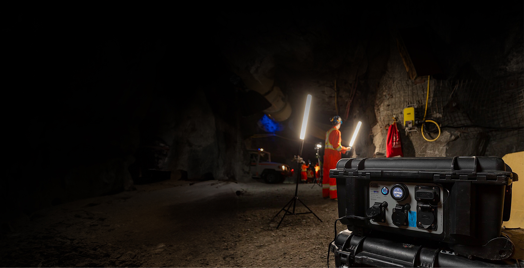 HPS portable battery power equipment pictured in an underground work environment